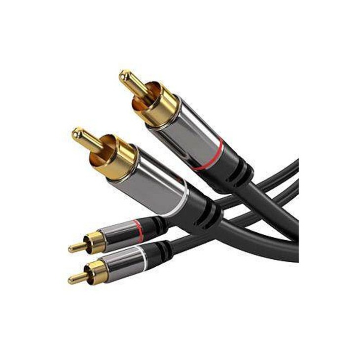 Cablu audio PremiumCord HQ екраниран 2x RCA m-m, позлатени конектори, с меден проводник, Черен, 5 м