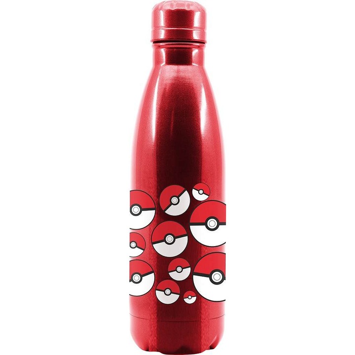 STOR Pokemon Pokeball rozsdamentes acél kulacs, csavaros kupakkal, piros, 780 ml