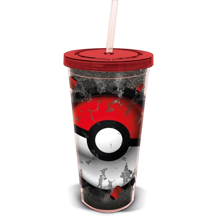 STOR Pokemon bögre 560ml műanyag tetővel és szívószállal, többszínű