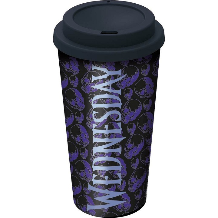 STOR Wednesday termobögre, műanyag, ivónyílással ellátott fedéllel, fekete/lila, 520 ml