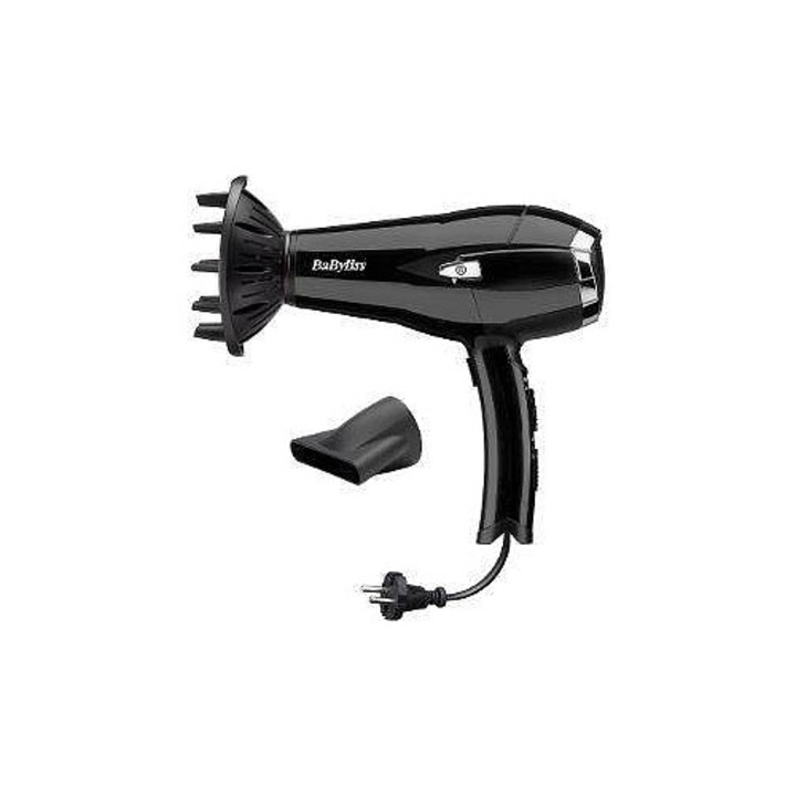 Сешоар BABYLISS D374DE, 2000 W, DC мотор, 3 степени на температура, 2 степени на скорост, функция йонизация, бутон за студен въздух, включени дифузер и концентратор, Черен, 1.65 м