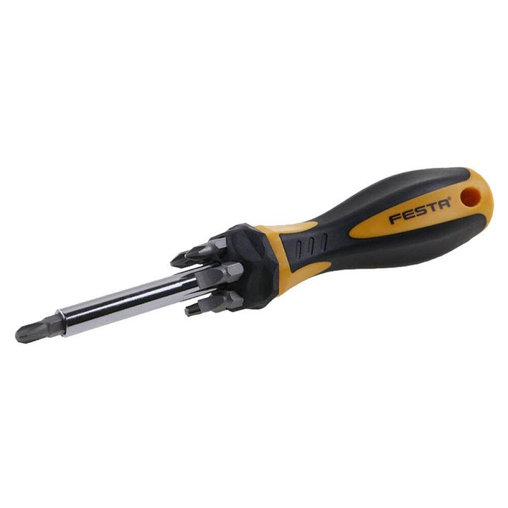 Surubelnita FESTA set 7 piese, 1/4 CrV, bituri magnetice (plat 6 mm, 7 mm; PH1, PH2, PH3; Torx T15, T20), maner ergonomic bi-component, suport biti pe tija, negru/galben