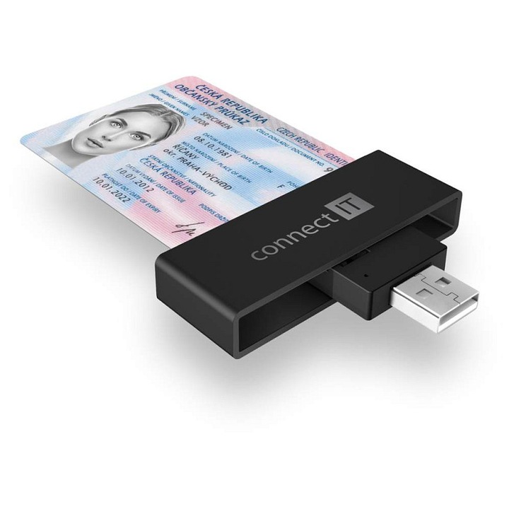 Connect IT Smart eID kártyaolvasó, USB-A 2.0, eObcanek és chipkártya támogatás, microSD foglalat, visszahúzható, fekete, 1 db