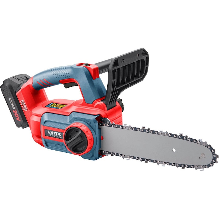 Akkumulátoros láncfűrész (drujba) EXTOL PREMIUM SHARE20V, kefe nélküli motor, automata lánckenés, piros/kék, 30 cm-es vezetőlemez, 2 Ah
