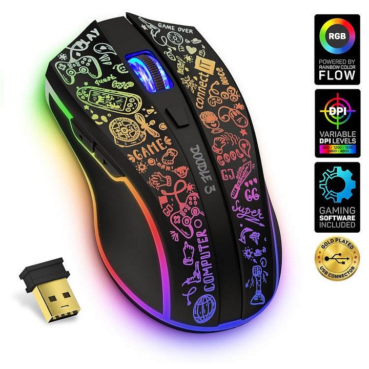 Connect IT Doodle 3 vezeték nélküli gamer egér, többszínű világítás, 115x64x37mm, fekete