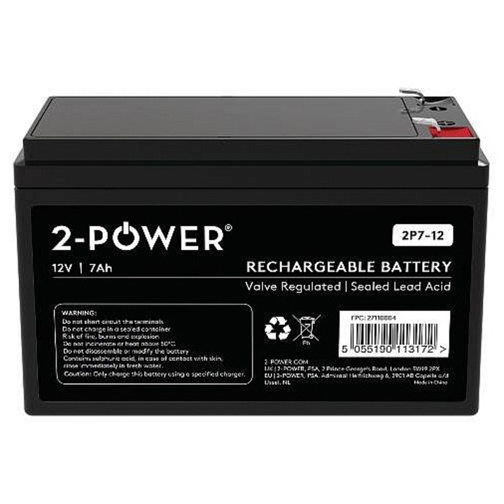 Baterie/acumulator 2-POWER 2P7-12, vrla agm 12V 7Ah, cu terminal faston 4.75 mm, fara intretinere, negru, 1 buc