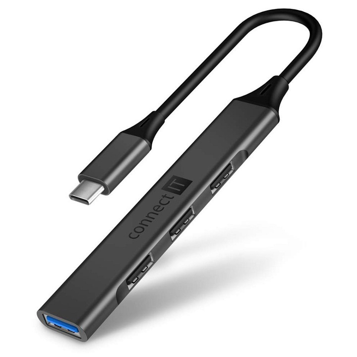 USB hub Connect IT Quattro Premium, 1x USB-A 3.0 (5 Gbps), 3x USB-A 2.0 (480 Mbps), alumínium, antracit, 12 cm kábel