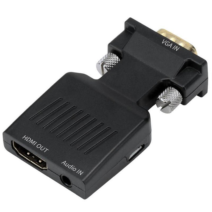 Адаптер PremiumCord VGA към HDMI с 3,5 мм аудио вход, активен Full HD 1080p конвертор, USB micro захранване, златни конектори, черен
