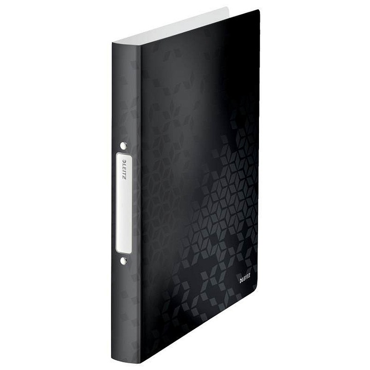 Dosar cu mecanism cu 2 inele LEITZ WOW, din PP cu efect bicolor si embossing geometric, A4, capacitate 190 file (25 mm), Negru, 1 buc