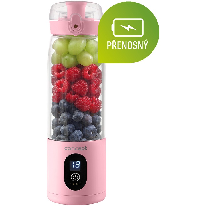 Concept SM4003 hordozható turmixgép, USB-ről tölthető smoothie készítő, IPX7 vízálló, BPA-mentes, 580 ml, rózsaszín
