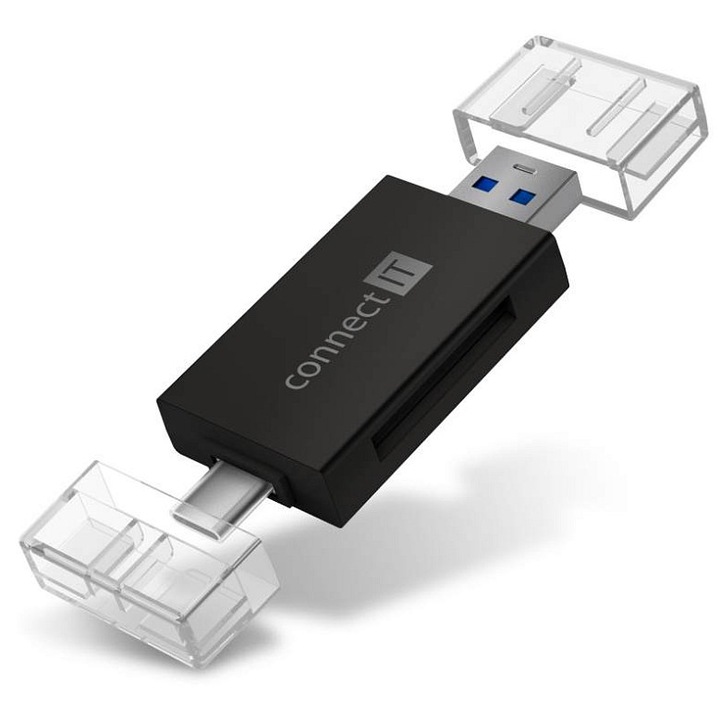 Connect IT Dual Gear kártyaolvasó, USB-C/USB-A (USB 3.0) 5 Gbps, SD/microSD támogatás akár 2TB-ig, Fekete, 1 db