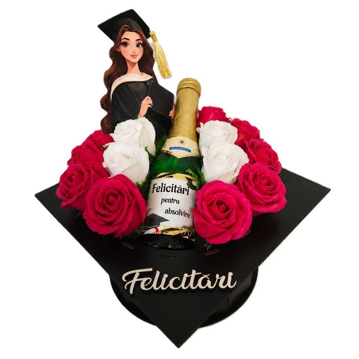 Aranjament floral toca absolvire cu trandafiri de sapun decorativi, sampanie, cadou elegant absolventa, topper figurina, felicitari, din lemn, 22x22x17cm