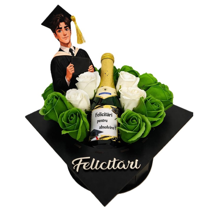 Aranjament floral toca absolvire cu trandafiri de sapun decorativi, sampanie, cadou elegant absolventa, topper figurina, felicitari, din lemn, 22x22x17cm
