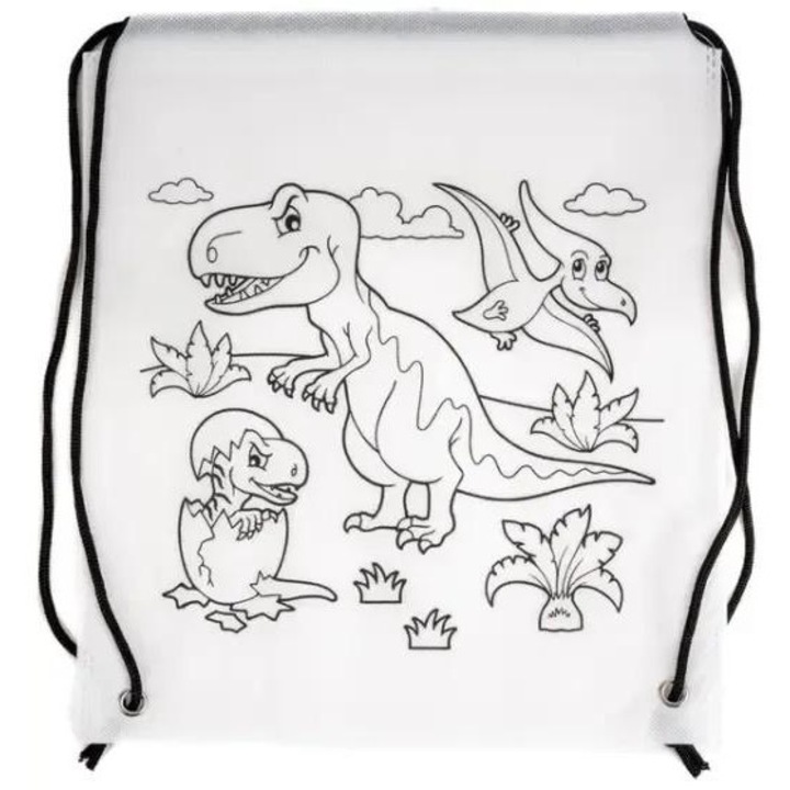 Fandy, Sac scolar tip sacosa din textil pentru papuci, pentru colorat, Tinting Dino, Multicolor, 28x32 cm