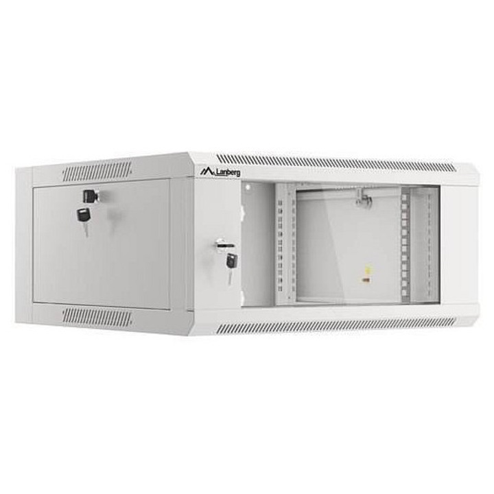 LANBERG 19" fali rack, 4U 570x600 mm, könnyű és gyors szerelés, 5 mm-es edzett üveg előlap zárral, levehető oldalsó ajtók, szürke (RAL7035)