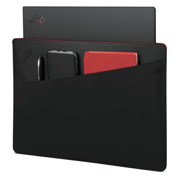 Lenovo, Калъф за лаптоп от еко кожа и рециклирани материали, с преден джоб, магнитно закопчаване и RFID защита, ThinkPad Professional Sleeve, черен/червен, 14"