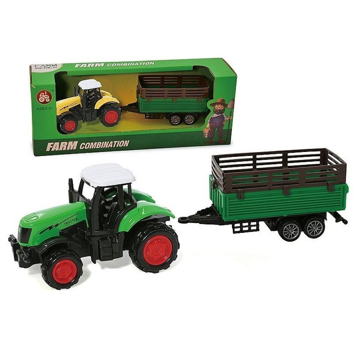 Tractor/vehicul agricol de jucarie ADAR, cu remorca, din vinil, produs licentiat, multicolor, 22x8,5x6 cm