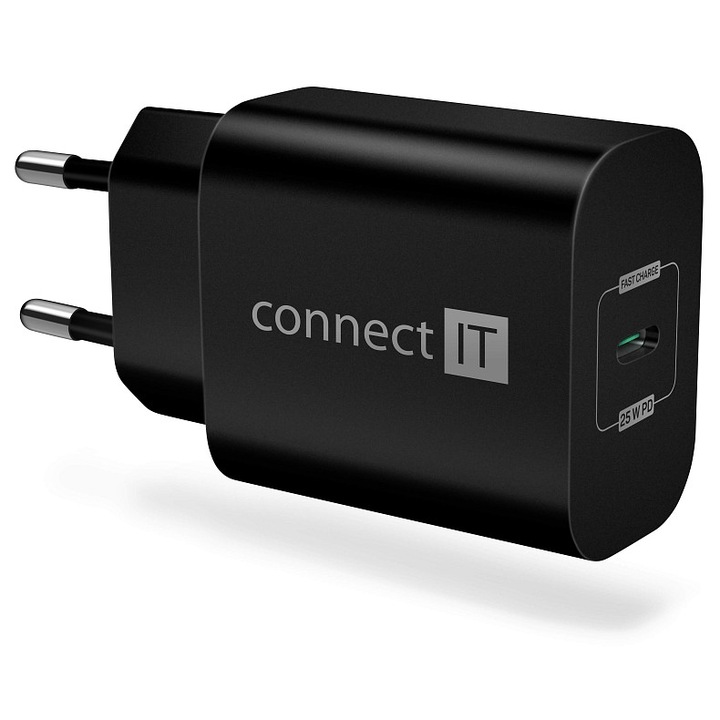Connect IT Voyager2 USB-C töltő, 25W Power Delivery (PD), 100–240V bemenet, többszörös védelem, Fekete, 1 db