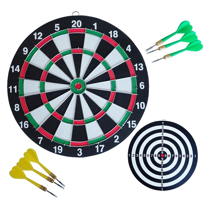 KUBIsport, Papír darts tábla fém kerettel és 6 hegyes nyíllal, Többszínű, 36,5 cm