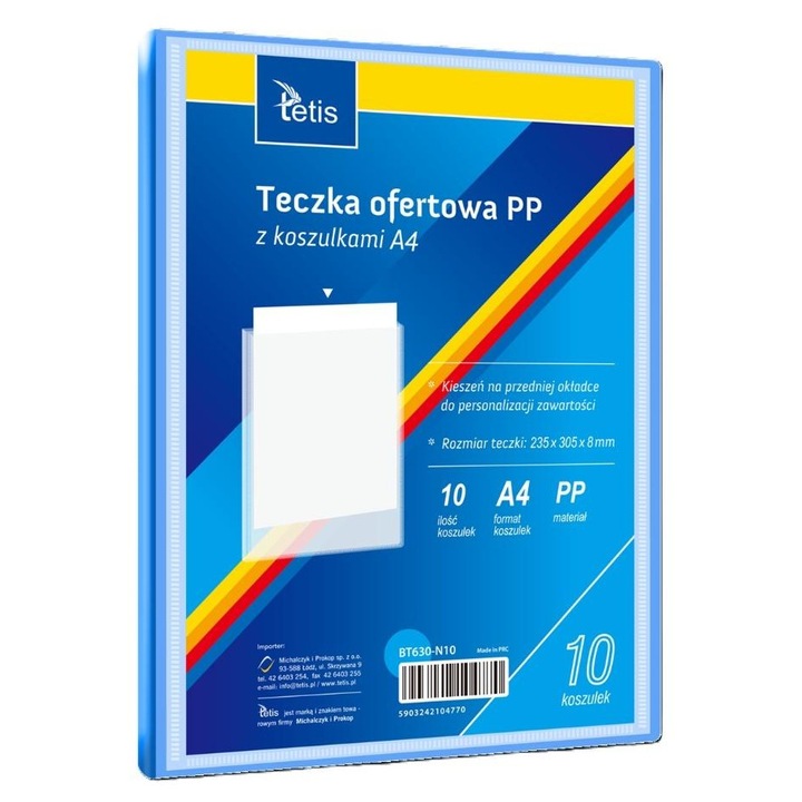Mapa oferta A4 Tetis PP, átlátszó fóliákkal, gerinccel és zsebbel a személyre szabáshoz, Kék, 10 fólia