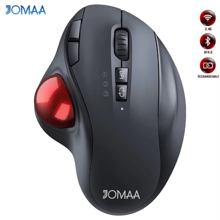 JOMAA ergonomikus trackball egér, újratölthető, kettős vezeték nélküli, fekete, 13.4x9.6x4.8cm