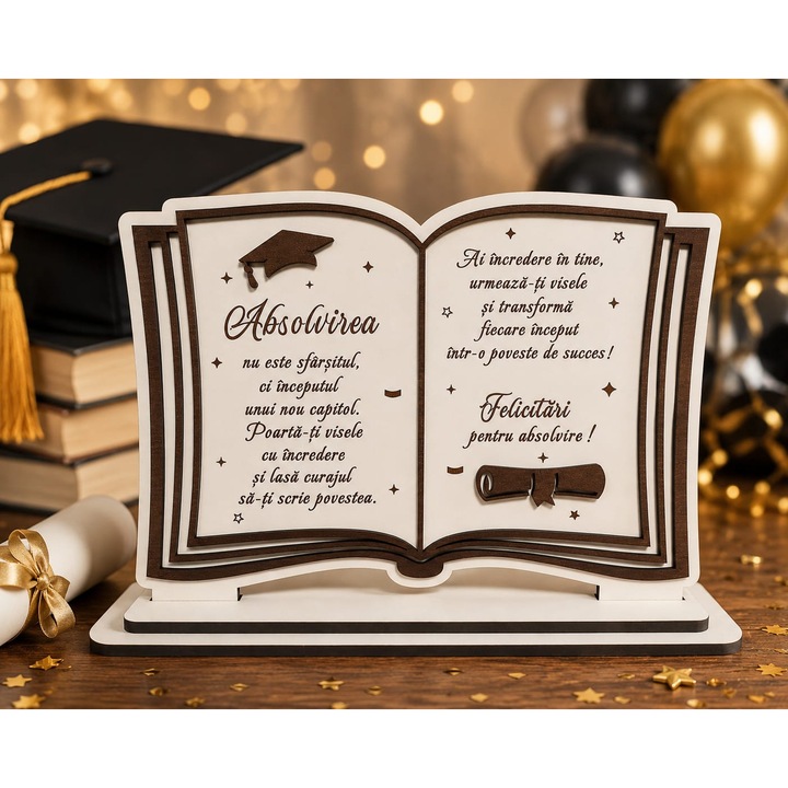 Trofeu absolvire tip carte deschisa, cadou elegant absolventi, mesaj motivational, suvenir, toca, 25 cm, alb si wenge