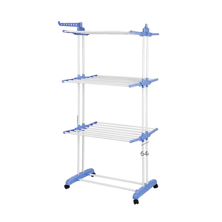 Ruhatartó, rozsdamentes acél szárítóállvány, 4 szintes kialakítás, 35 kg kapacitás, kerekekkel (2 zárható), kék/fehér, 64x75x170 cm