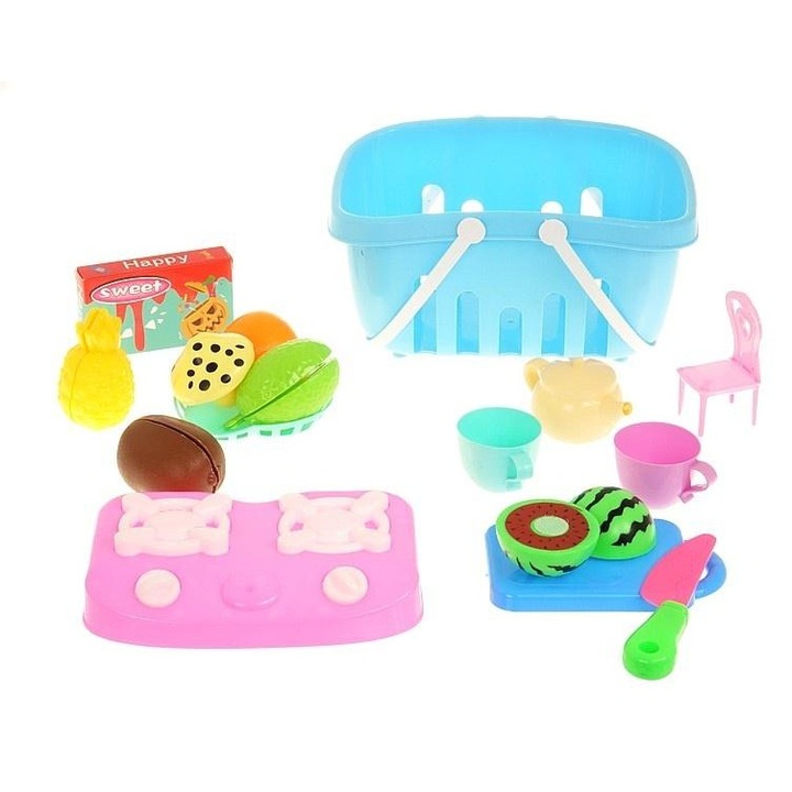 Set bucatarie de joaca pentru copii ADAR in cos 24x17,5x12 cm, din plastic, cu aragaz, fructe si accesorii, pentru 3+ ani, multicolor, 1 set