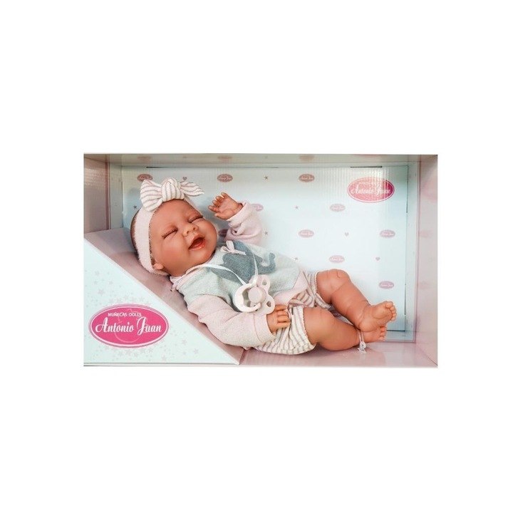 Papusa Antonio Juan Lluna, bebelus zambitor, 34 cm, din vinil, multicolor