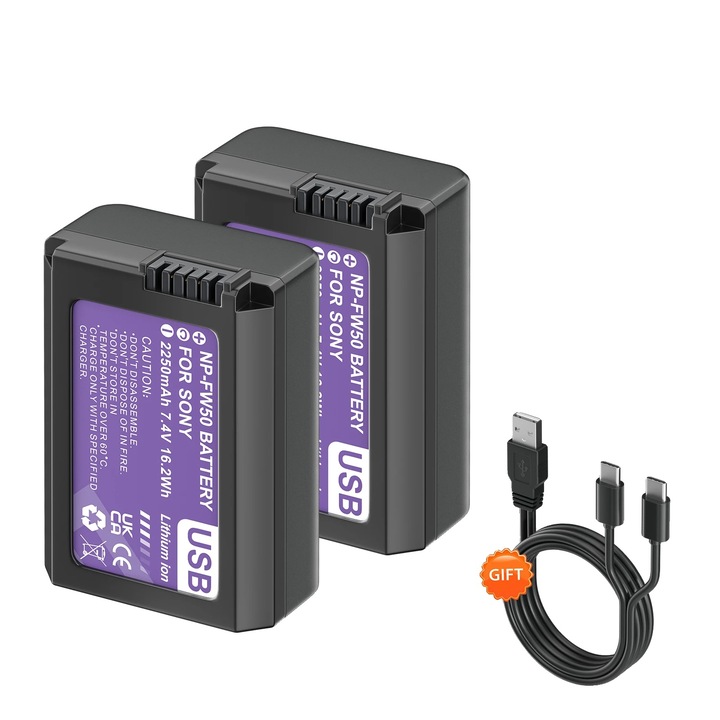 Baterie/Acumulator pentru camera compatibila NP-FW50, Li-ion, 7.2V 1020mAh, incarcare USB Type-C, Negru, 2 buc