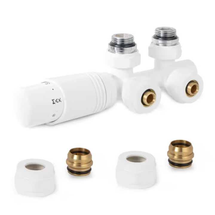 Multiblokk termosztátos radiátorszelep készlet, 50mm központi csatlakozás, PEX/többrétegű csőhöz Ø16x2mm, Fehér/Króm