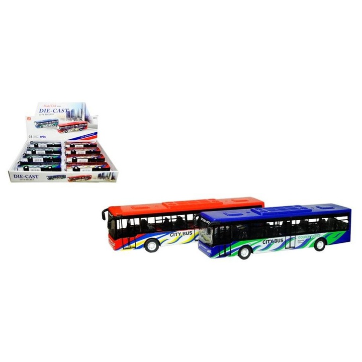 SWEDE játékbusz, fém és műanyag öntvény, visszahúzós mechanizmussal, többszínű, 1 db