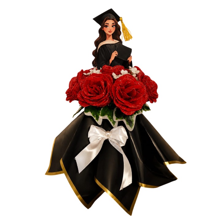 Buchet absolvire cu trandafiri sclipici rosii si figurina din lemn absolventa, cadou elegant, absolvire, funda festiva, inaltime 35cm