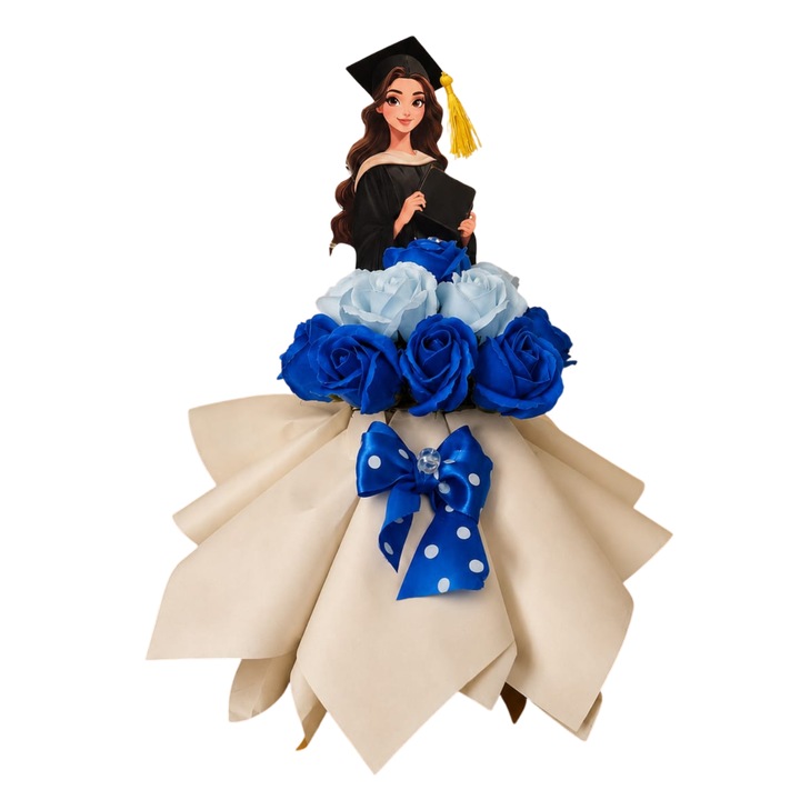 Buchet absolvire cu trandafiri sapun albastrii si figurina din lemn absolventa, cadou elegant, absolvire, funda festiva, inaltime 35cm