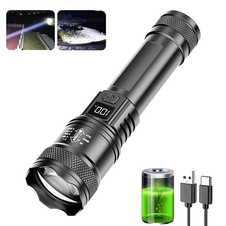 LED фенер/фенерче 384-A, USB презареждаемо, водоустойчиво, с регулируем зуум, ABS, Черно, 1 бр
