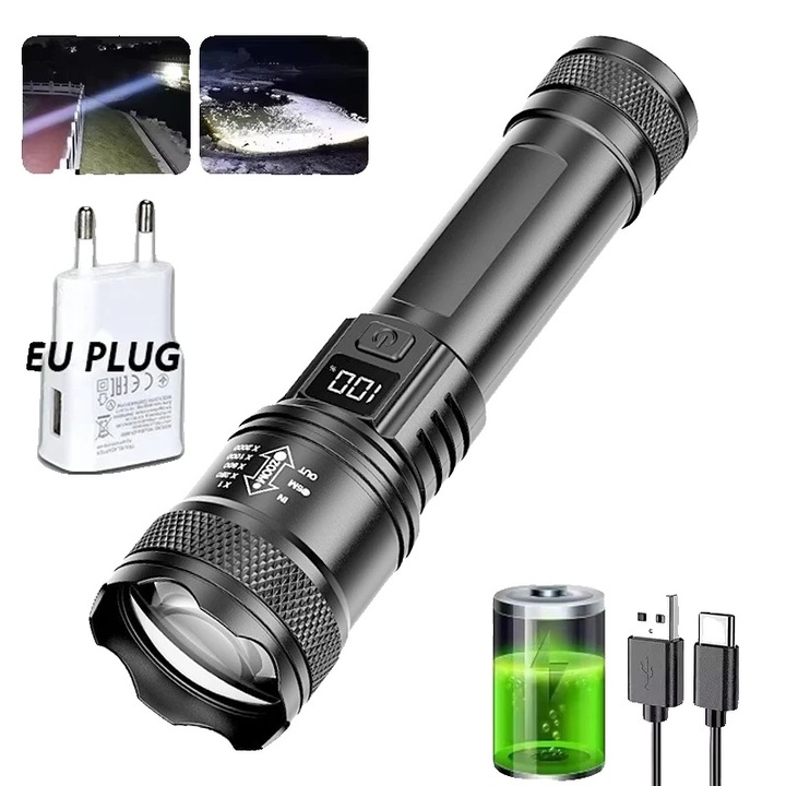 Презареждаем LED фенер с USB, с EU зарядно, водоустойчив, регулируем зуум, вградена литиева батерия 5W, обхват 200м, ABS, черен, 1 бр