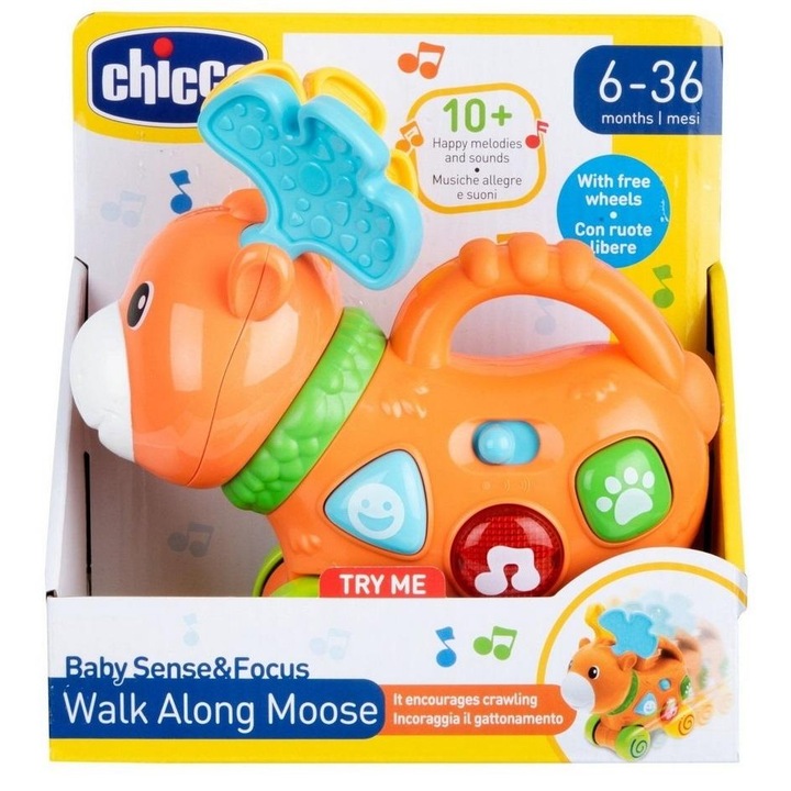 Музикална играчка Chicco Walk Along Moose, с мелодии и звуци, с колела и дръжка, за 6-36 месеца, Многоцветен, 1 бр