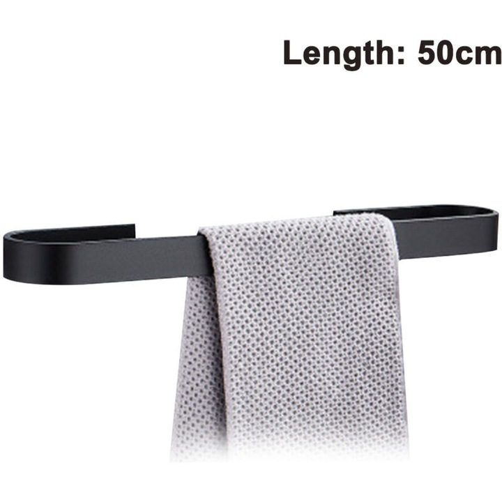 Suport prosop / bara prosop din aluminiu rezistent la coroziune, montaj fara gaurire cu adeziv, negru mat, 50 cm