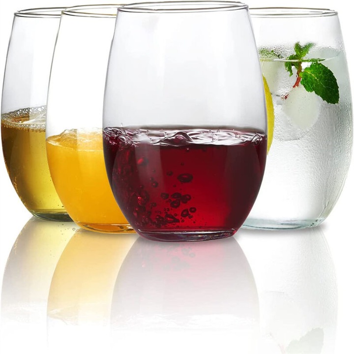 Set pahare fara picior (stemless) pentru vin, din sticla rezistenta, rezistente la spargere, transparent, 4 x 590ml