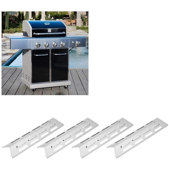 Set 4 placi de incalzire pentru gratar, din otel inoxidabil, rezistente la coroziune, distribuie caldura uniform, Argintiu, 40.9 x 10 x 3.4 cm