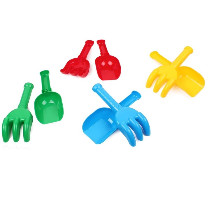 Set pentru joaca in nisip Technok, lopata si grebla, din plastic rezistent, pentru copii 12+ luni, Multicolor, 2 piese