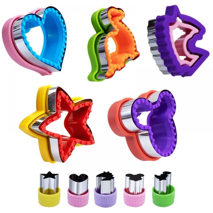 Set decupatoare fursecuri si forme pentru sandvis, inox alimentar, maner PP, margini din plastic protectoare, forme mickey/dinozaur/stea/inima, multicolor, 5 buc