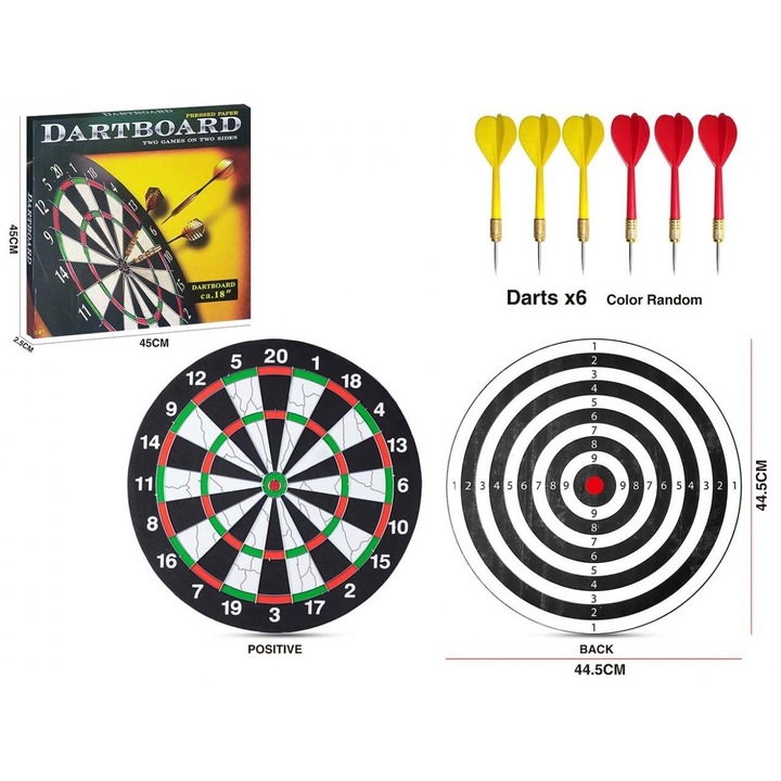 Madej darts tábla, kétoldalas, 45 cm átmérőjű, 6 nyíllal együtt, többszínű