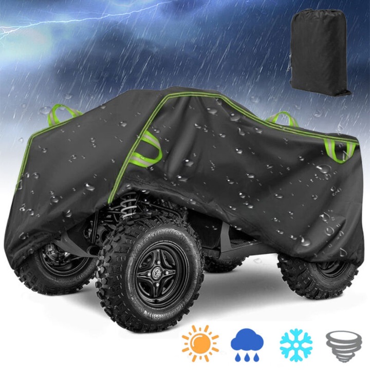 Husa pentru motocicleta si ATV, impermeabila si rezistenta, cu benzi reflectorizante, anti-praf, negru/verde, 230 x 95 x 125 cm