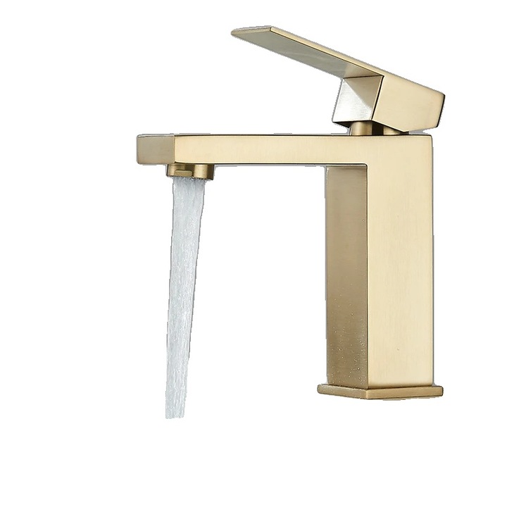 Смесител за мивка/кран S Brushed Gold, от месинг и неръждаема стомана, едноръкохватков с керамичен патрон, пестене на вода, матирано злато