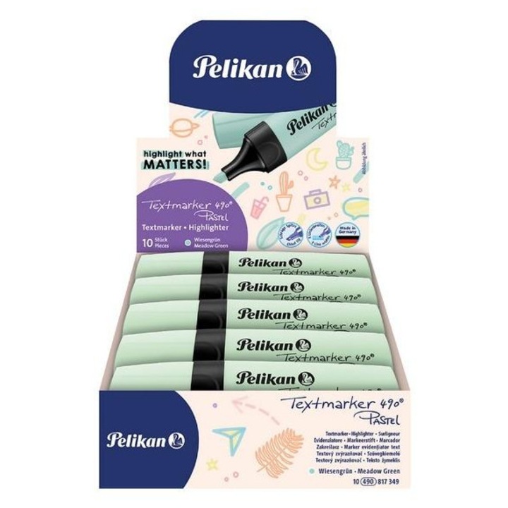 Маркер/текстмаркер Pelikan Textmarker 490 Пастелен, ергономичен, с въртяща се капачка, зелен, 10 броя