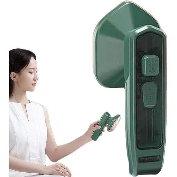 Fier de calcat cu aburi portabil, mini, varf triunghiular pentru zone inguste, rezervor transparent 100ml, talpa ceramica 150°C, compact pentru calatorii, verde