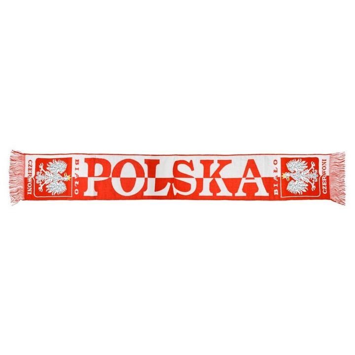Arpex, Плетен шал за фенове, с щампа POLSKA и герб, с ресни, Червено/бяло, 145x20 см