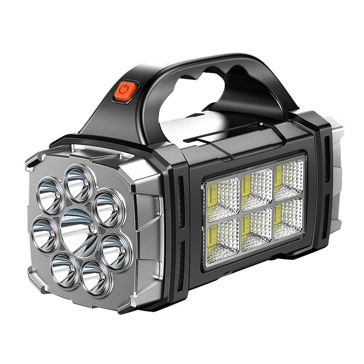 LED прожекторна лампа B, 30W, 200000 LM, презареждаема със соларно/USB зареждане, функция power bank, IP44, ABS, черно/сиво, 1 бр