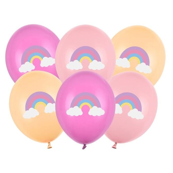 Baloane PartyDeco Strong Pastel, decorative cu imprimeu curcubeu, 30 cm, Multicolor, 6 buc